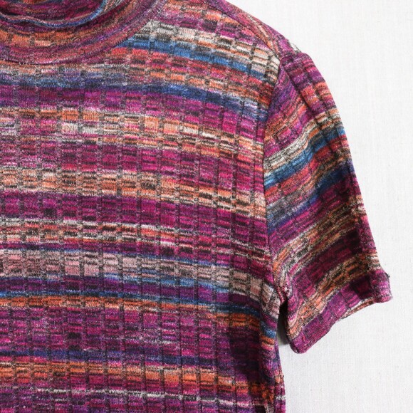 Philosophy Fuchsia Multicolor Ribbed Mock Neck Top Small Stretch Short Sleeve - Picture 4 of 8